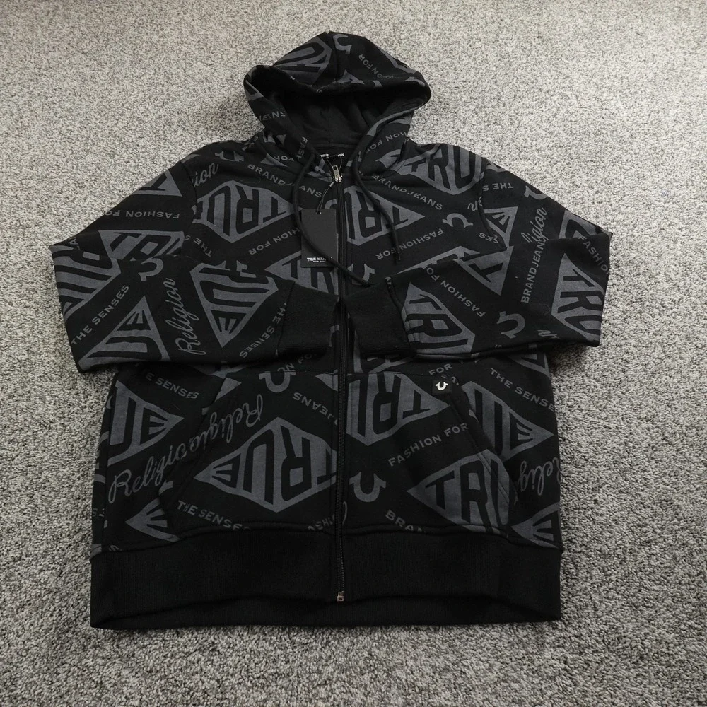 NEW True Religion Hoodie Mens L Black Horseshoe Logo Full‎ Zip Sweatshirt Jacket